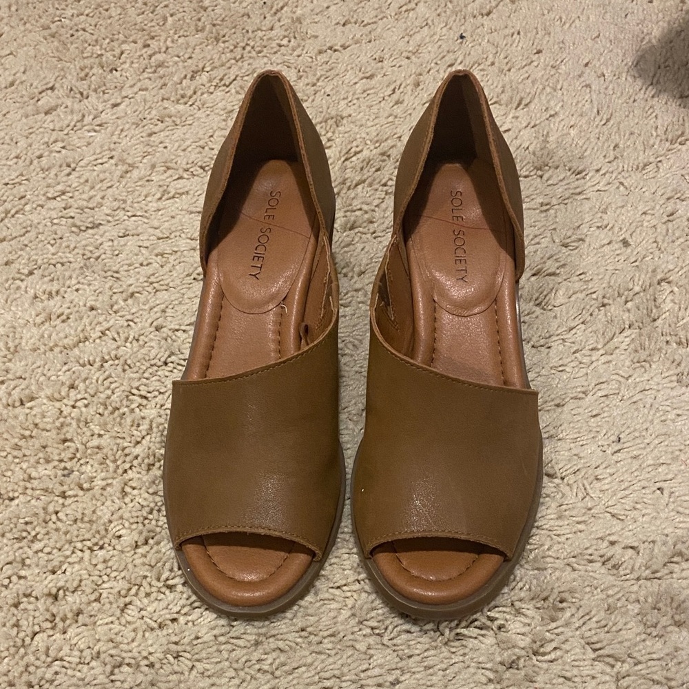 Sole Society Tan Peep-Toe Mules